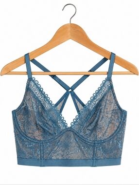 Victoria’s Secret Very Sexy Lace Longline Bra Blue 34D Unlined Plunge